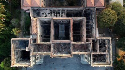 Drone view of Rio de Janeiro's treasured National Museum, one of Brazil's oldest, on September 3, 2018, a day after a massive fire ripped through the building. AFP