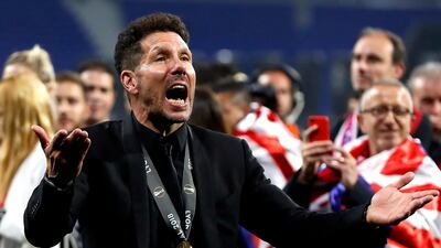 Atletico Madrid's head coach Diego Simeone celebrates after winning the UEFA Europa League final between Olympique Marseille and Atletico Madrid in Lyon, France, on May 16, 2018. Guillaume Horcajuelo / EPA