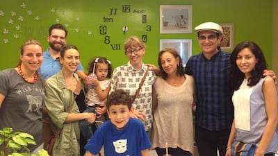 From left: Mira Naaman, Joel Gelman, Nadia Sehweil, Holly Burrel, Sharifa Sehweil, Ty Burrell and Sana Bokhari at the Bodytree Studio in Abu Dhabi. Courtesy Bodytree Studio