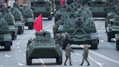 Self-propelled artillery vehicles, tanks and pther military vehicles gather on Tverskaya Street for the parade rehearsal. AP