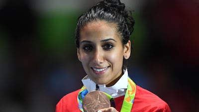 Tunisia's Ines Boubakri after winning bronze at the 2016 Olympic Games in Rio de Janeiro. AFP