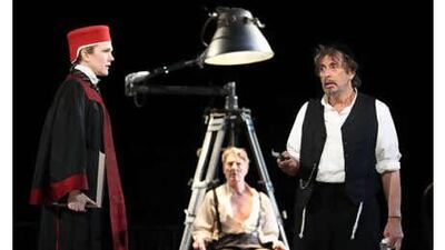 From left, Lily Rabe as Portia, Byron Jennings in the title role and Al Pacino as Shylock in The Merchant of Venice, part of New York's Shakespeare in the Park.
