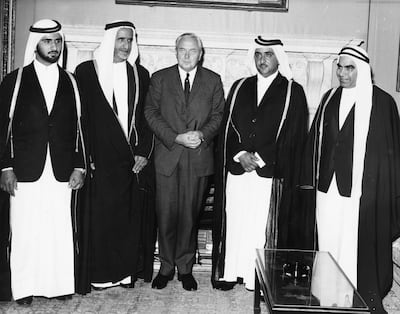 From left, Sheikh Mohammed bin Rashid, Sheikh Rashid, former British prime minister Harold Wilson, Sheikh Maktoum bin Rashid and adviser Mahdi Al Tajir at 10 Downing Street, London, on July 22, 1969. Getty