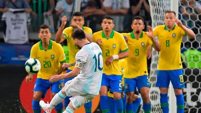 Argentina's Lionel Messi takes a free-kick against Brazil during their Copa America semi-final. AFP