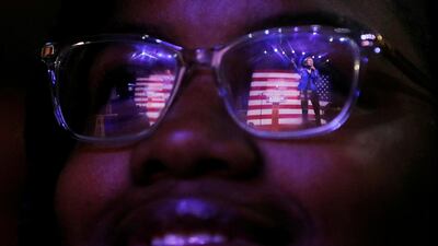 Democratic 2020 US presidential candidate and US Senator Elizabeth Warren is reflected in an audience member’s glasses while speaking at a campaign. Reuters