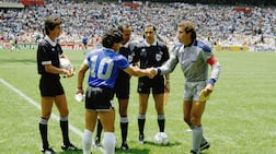 Argentina captain Diego Maradona and England captain Peter Shilton shake hands before their 1986 World Cup quarter-final at Estadio Azteca, the match explored in the new documentary The Match. Photo: Goodfellas