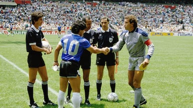 Argentina captain Diego Maradona and England captain Peter Shilton shake hands before their 1986 World Cup quarter-final at Estadio Azteca, the match explored in the new documentary The Match. Photo: Goodfellas