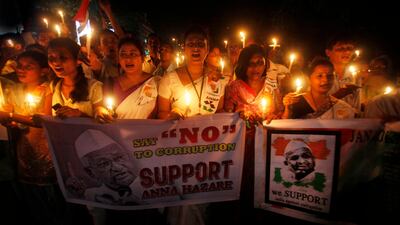 August 18, 2011: Supporters of Anna Hazare hold a candlelight vigil in Gauhati, India. The 74 year old activist struck a deal with police on Thursday to hold a 15-day public hunger strike, ending a standoff at a New Delhi prison in which he turned his bri???