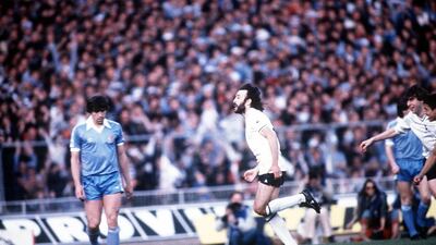 Ricky Villa, centre,scores his famous goal in Tottenham's FA Cup victory over Manchester City in May 1981. Credit: Allsport