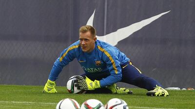 Barcelona keeper Marc-Andre ter Stegen takes part in a training session on Thursday ahead of the first leg of the Spanish Super Cup. Quique Garcia / AFP