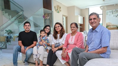Father Raj Kumar Nahata, Naveen Nahata, Vansh (age2) Nahata, Deepika Nahata, Poonam Jain, Sayar Devi Nahata ( mom ). Victor Besa / The National