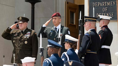 US Gen Mark Milley, left, and Israeli Chief of Defence Lt Gen Aviv Kochavi in Washington in July. The two met in the US on Tuesday. AFP