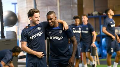 Chelsea players Ben Chilwell and Callum Hudson-Odoi in the gym before a training session at Chelsea training ground in Cobham, England. All photos by Getty Images