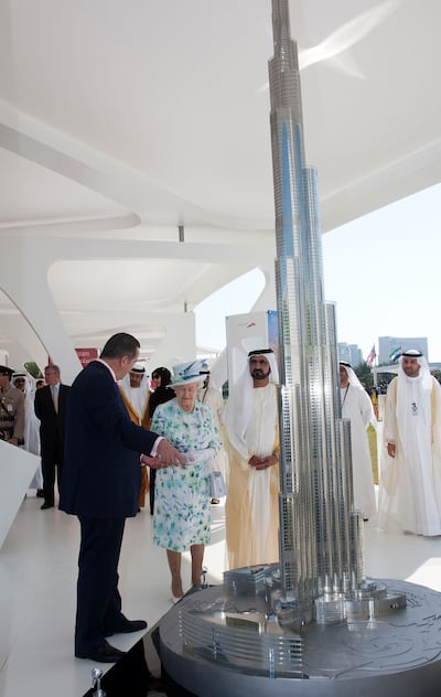 Britain's Queen Elizabeth accompanied by HRH The Duke of Edinburgh, Prince Philip in Abu Dhabi on a state visit to the UAE, November 25, 2010. The Queen accompanied by Sheikh Mohammed Bin Rashid Al Maktoum Vice-President of the UAE and ruler of Dubai unveils the design of the Zayed National Museum design.
