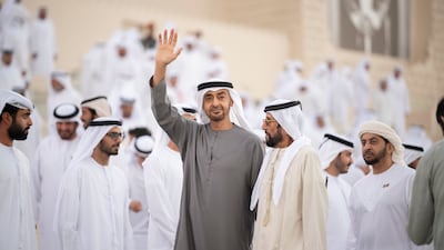 Sheikh Mohamed and Sheikh Tahnoon bin Mohamed, Ruler's Representative in Al Ain Region, depart the Union Parade. Abdullah Al Junaibi for the Presidential Court