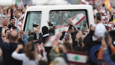 Pope Leo arrives at Beirut waterfront. AP