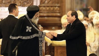 Pope Tawadros II of Alexandria (L) listens as Egyptian President Abdel Fattah El Sisi (R) speaks before mass at the newly inaugurated Cathedral of Nativity in the New Administrative Capital, Egypt, 06 January 2019. EPA