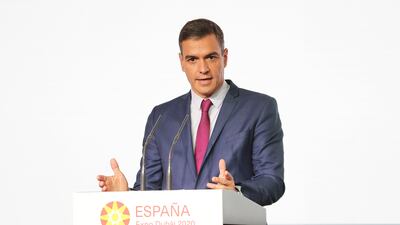 Spanish Prime Minister Pedro Sanchez speaks at the Spanish pavilion at Expo 2020 Dubai. Pawan Singh / The National