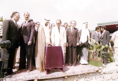 Sheikh Zayed and King Hassan II of Morocco at the opening of the Sidi Mohamed Ben Adbellah Dam on the Abu Rakrak River in Morocco, on August 11, 1974. Courtesy Ministry of Presidential Affairs.