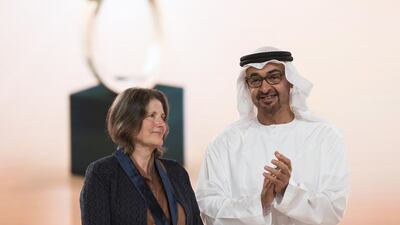 Sheikh Mohammed bin Zayed, Crown Prince of Abu Dhabi and Deputy Supreme Commander of the UAE Armed Forces , presents the 2015/2016 Abu Dhabi Award to Deborah Henley, who received it on behalf of her mother. Ryan Carter / Crown Prince Court - Abu Dhabi