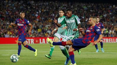 Barcelona's Jordi Alba scores to make it 4-1. Reuters