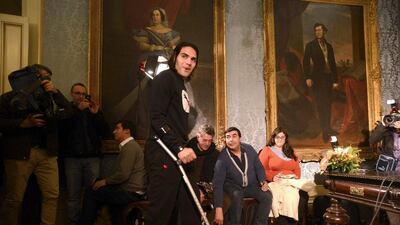 Radamel Falcao, seen on crutches at Trindade Hospital in Porto, Portugal on Monday after he underwent knee surgery on Saturday. Paulo Duarte / AP