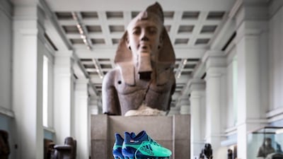 Mohamed Salah's boots sit on display in the British Museum in London.