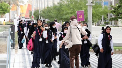 School students during their visit at the EXPO 2020 site in Dubai on 3 October, 2021. Pawan Singh/The National.