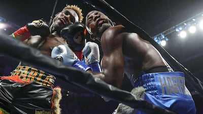 Jermell Charlo, left, on his way to victory over Tony Harrison for the WBC world super welterweight title at Toyota Arena in California on Saturday, December 21. AFP