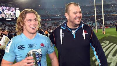 Michael Hooper and coach Michael Cheika shown after the NSW Waratahs won the Super Rugby final last August. William West / AFP / August 2, 2014