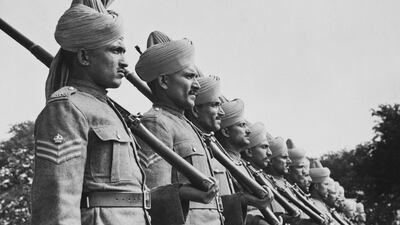 Soldiers of the Royal Indian Army Service Corps on parade at their camp in the north of England, on September 2, 1940. Fox Photos / Hulton Archive / Getty Images
