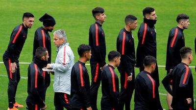 Chile coach Reinaldo Rueda, centre, leads a training session in Sao Paulo. EPA