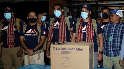 Sheikh Mohamed Hamad Mohamed Al Khalifa, who is planning to climb the Mount Everest, arrives at Tribhuvan International Airport in Kathmandu. AFP