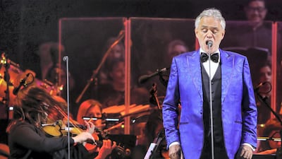 Andrea Bocelli performs during his concert at du Arena on April 26.