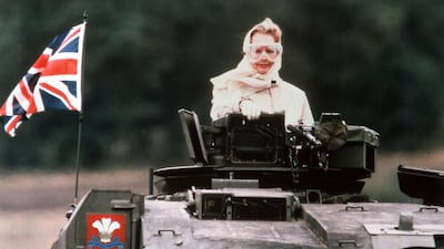 Margaret Thatcher on a tank while making an official visit to British forces in Germany.