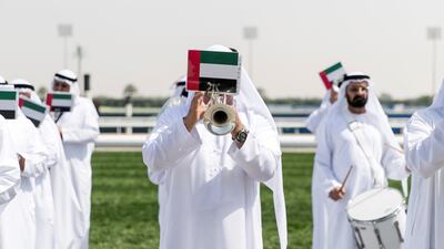 Sheikh Hamdan's Heritage troupe performs at Dubai World Cup 2018. Reem Mohammed / The National