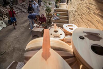 The work shop of Khaled Azzouz, a veteran oud-maker, on the outskirts of the Egyptian capital Cairo, on October 26, 2020. AFP