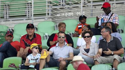 Fans watching the Abu Dhabi T20 cricket match between Lahore Qalanders vs Hobart Hurricanes held at Zayed Cricket Stadium in Abu Dhabi.