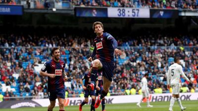 Marc Cardona celebrates after scoring the opening goal for Eibar against Real Madrid. EPA