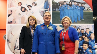 Last year's Think Science fair in Dubai - Kerry Kennedy (left), director of Honeywell Hometown Solutions, Don Thomas, ex-astronaut from NASA and Deborah Barnhart, chief executive of US Space & Rocket Center. Pawan Singh / The National