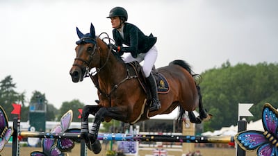 Jessica Springsteen competes for the US in the Rolex Grand Prix, Don Juan van de Donkhoeve, at the Royal Windsor Horse Show, Windsor Great Park, England on July 4, 2021.