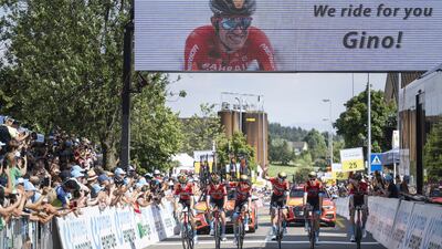 The cyclists of Bahrain-Victorious team rode in honour of the late Gino Maeder during the sixth stage of the Tour de Suisse on Friday. AP