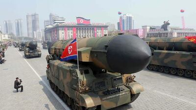 Ballistic missiles being displayed through Kim Il-Sung square during a military parade in Pyongyang. AFP