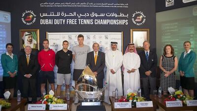 Richard Gasquet, second left, Mikhail Youzhny, third left, and Tomas Berdych, centre, attend the official draw of the Dubai Duty Free Tennis Championships. Photo courtesy: Dubai Duty Free Tennis Championships