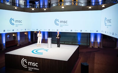 Natalie Amiri, Correspondent of the ARD German Television and Wolfgang Ischinger, Chairman of the MSC, during the Munich Security Conference 2021 Special Edition. EPA