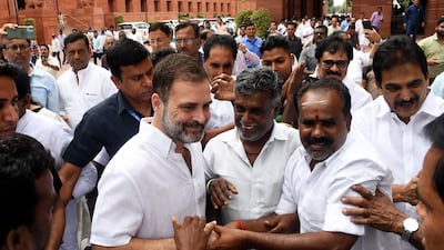 Congress leader Rahul Gandhi arrives at the parliament in New Delhi on Monday after his Lok Sabha membership was restored. EPA