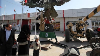 A masive Qaddafi-era falcon statue painted in the colours of the revolutionary flag is displayed in Misurata. The museum is home to a number of monumental reminders of the dictator’s reign. Mahmud Turkia / AFP Photo