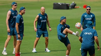 England's Ben Duckett plays football with teammates during training. Reuters