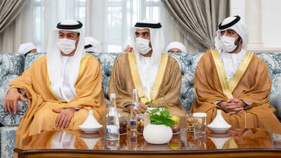 Sheikh Mohamed bin Tahnoon Al Nahyan; Sheikh Diab bin Tahnoon bin Mohamed Al Nahyan, and Sheikh Zayed bin Tahnoon bin Mohamed Al Nahyan attend an Eid Al Adha reception at Mushrif Palace.