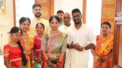 The Indian bride and groom are thrilled to share their special day with friends and relatives in the Hindu temple in Jebel Ali, Dubai
